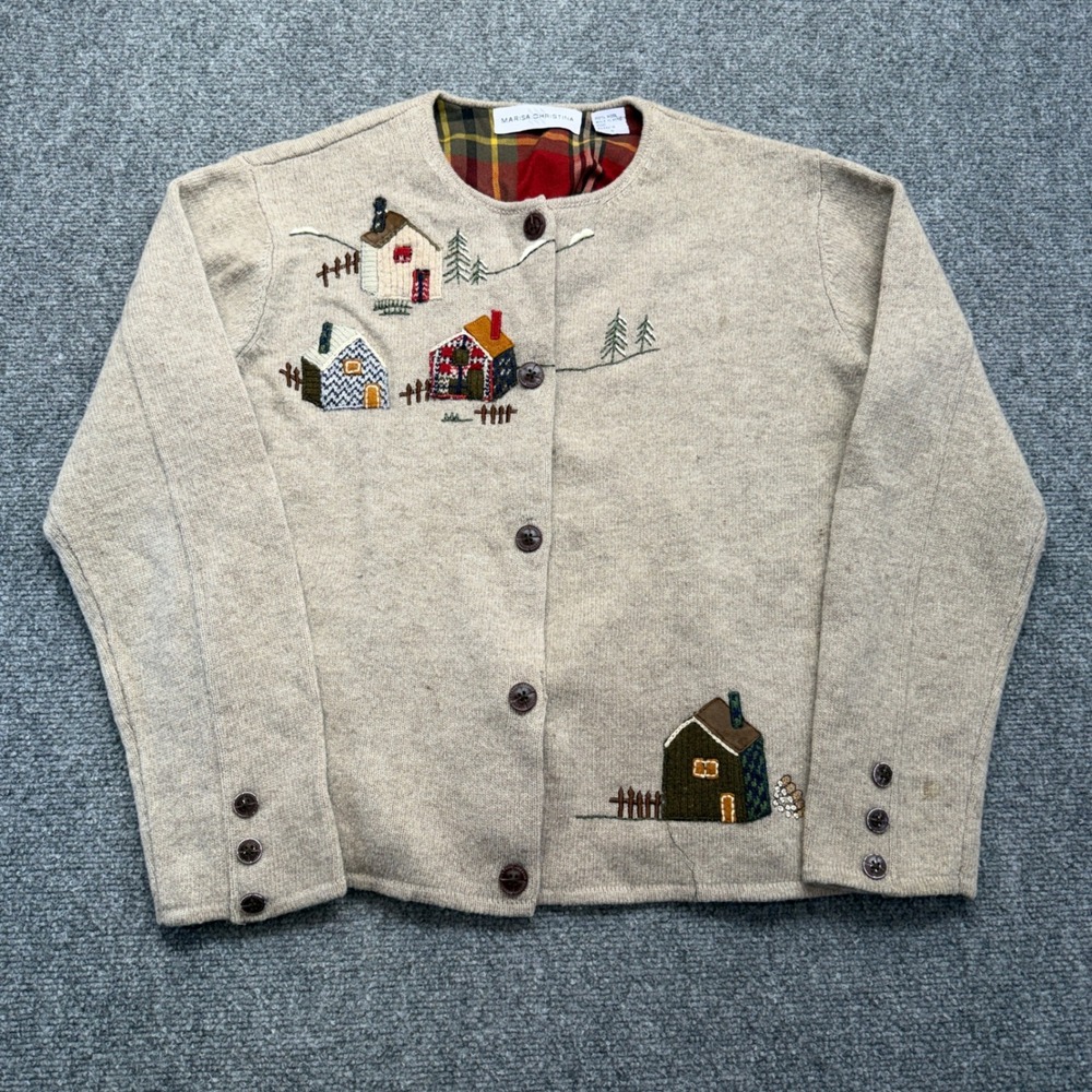 Marisa Christina Wool Cardigan Sweater Beige Embroidered House Cottage Small